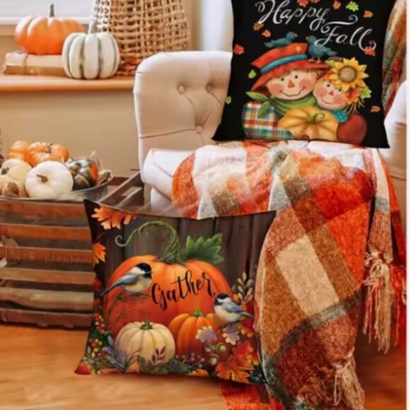 AUTUMN LINEN Pumpkin Maple Leaves Pillowcase Cover | Size 19" x 19" - Picture 2 of 2